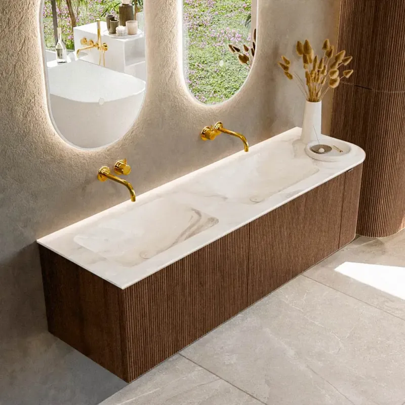 Exclusieve Aanbieding Mondiaz Kurve-dlux 155cm badmeubel ronding rechts walnut met 2 lades en 1 deur en wastafel leaf dubbel/links zonder kraangat frappe