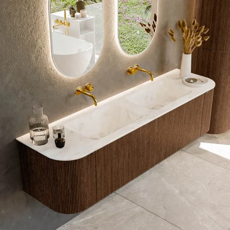 Merkproduct Mondiaz Kurve-dlux 170cm badmeubel ronding links/rechts walnut met 1 lade en 2 deuren en wastafel leaf dubbel zonder kraangat frappe