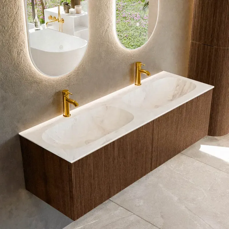 Hoge Kwaliteit Mondiaz Kurve-dlux 140cm badmeubel walnut met 2 lades en wastafel stor small dubbel 2 kraangaten frappe