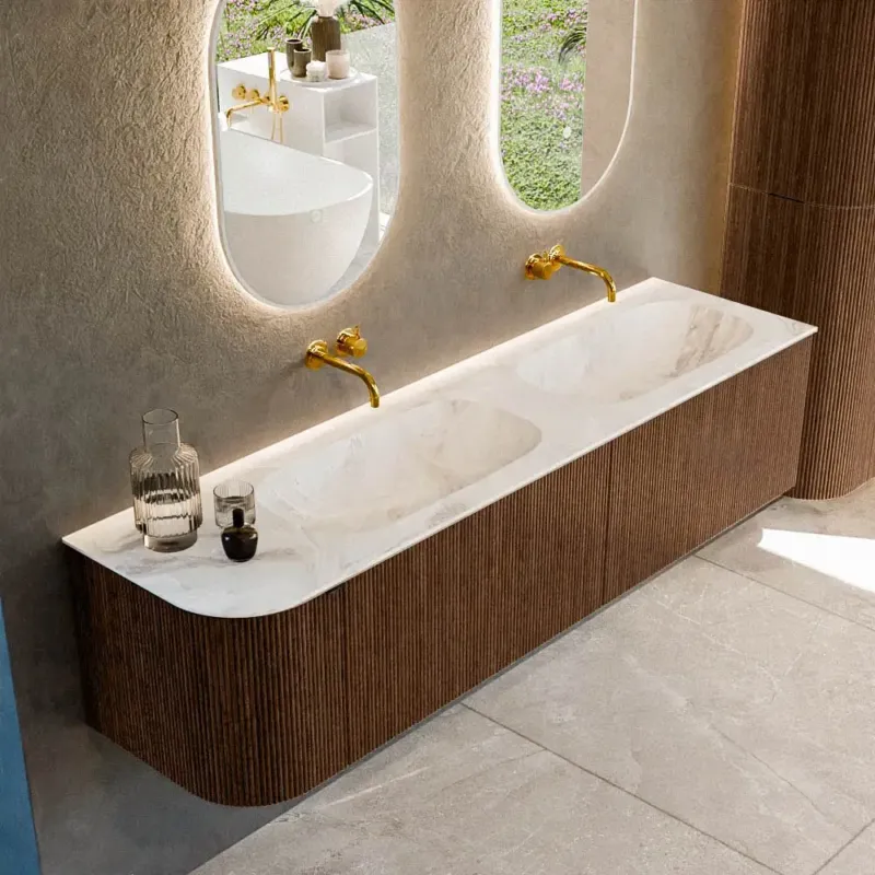 Betaalbaar Mondiaz Kurve-dlux 175cm badmeubel ronding links walnut met 2 lades en 1 deur en wastafel stor small dubbel/rechts zonder kraangat frappe