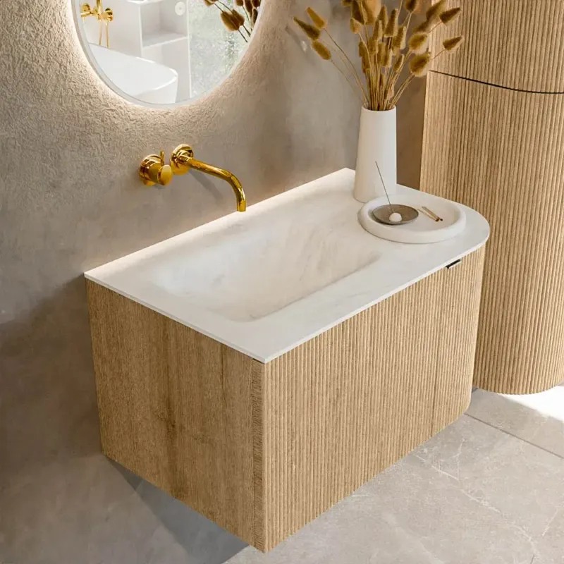 Betrouwbaar Mondiaz Kurve-dlux 75cm badmeubel ronding rechts oak met 1 lade en deur en wastafel grunne links zonder kraangat opalo