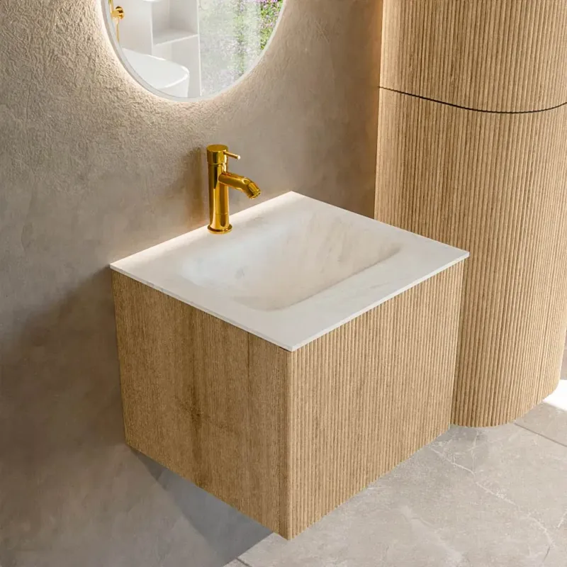 Mondiaz Kurve-dlux 50cm badmeubel oak met 1 lade en wastafel grunne midden 1 kraangat opalo Meest Verkocht