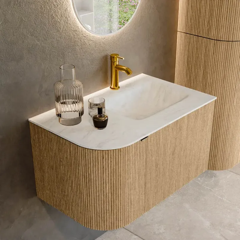 Merkproduct Mondiaz Kurve-dlux 75cm badmeubel ronding links oak met 1 lade en deur en wastafel grunne kraangat rechts opalo