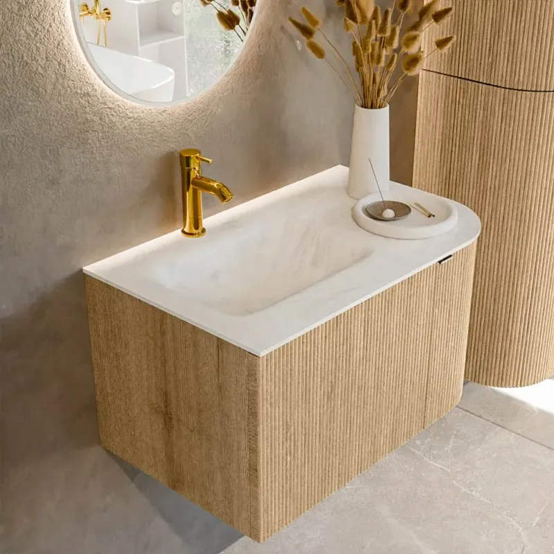 Superprijs Mondiaz Kurve-dlux 75cm badmeubel ronding rechts oak met 1 lade en deur en wastafel grunne kraangat links opalo