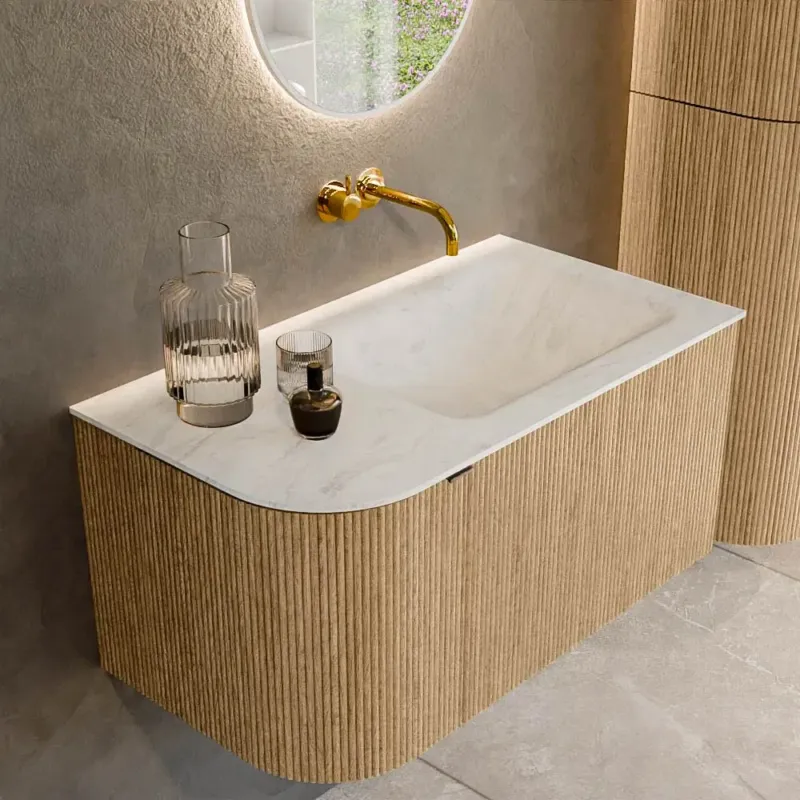Voordeelprijs Mondiaz Kurve-dlux 85cm badmeubel ronding links oak met 1 lade en deur en wastafel cloud rechts zonder kraangat opalo