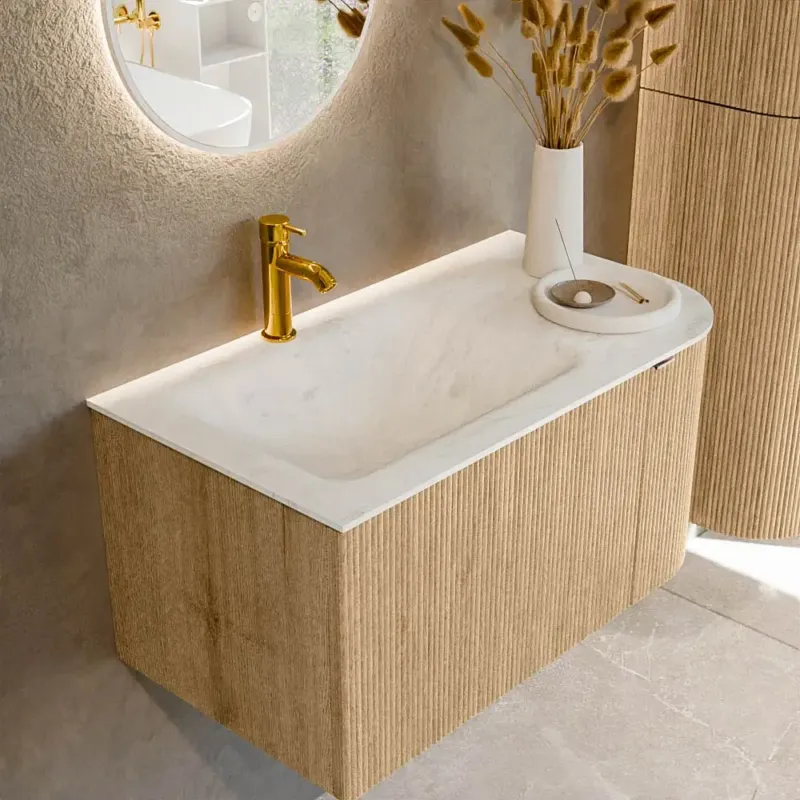 Gratis Retour Mondiaz Kurve-dlux 85cm badmeubel ronding rechts oak met 1 lade en deur en wastafel cloud kraangat links opalo