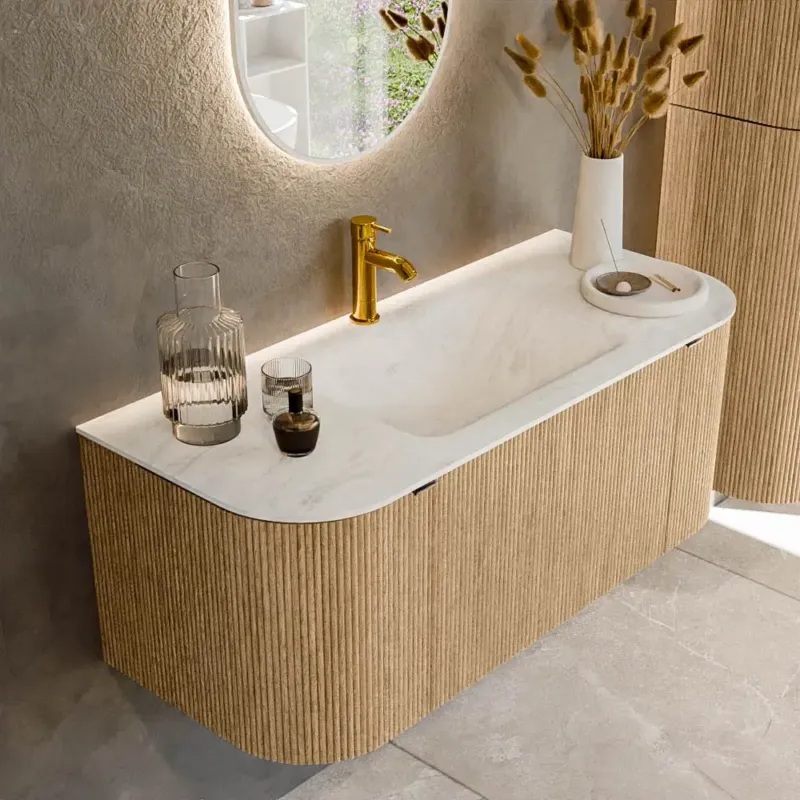 Lage Prijs Mondiaz Kurve-dlux 110cm badmeubel ronding links/rechts oak met 1 lade en 2 deuren en wastafel cloud midden 1 kraangat opalo