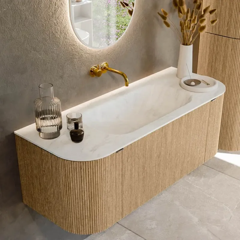 Express Levering Mondiaz Kurve-dlux 120cm badmeubel ronding links/rechts oak met 1 lade en 2 deuren en wastafel big small midden zonder kraangat opalo
