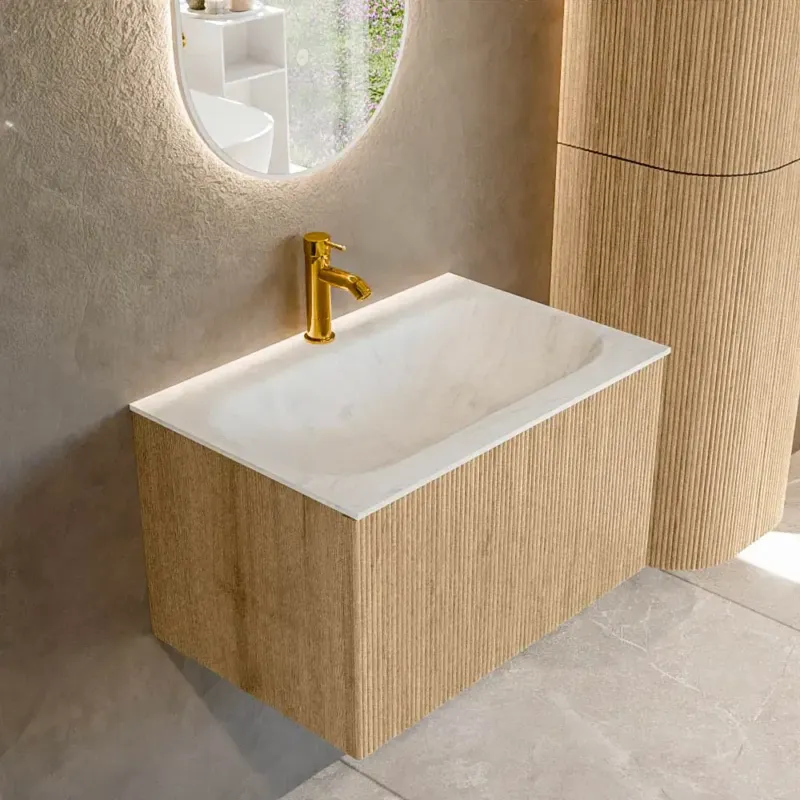 Bestel Nu Mondiaz Kurve-dlux 70cm badmeubel oak met 1 lade en wastafel big small midden 1 kraangat opalo