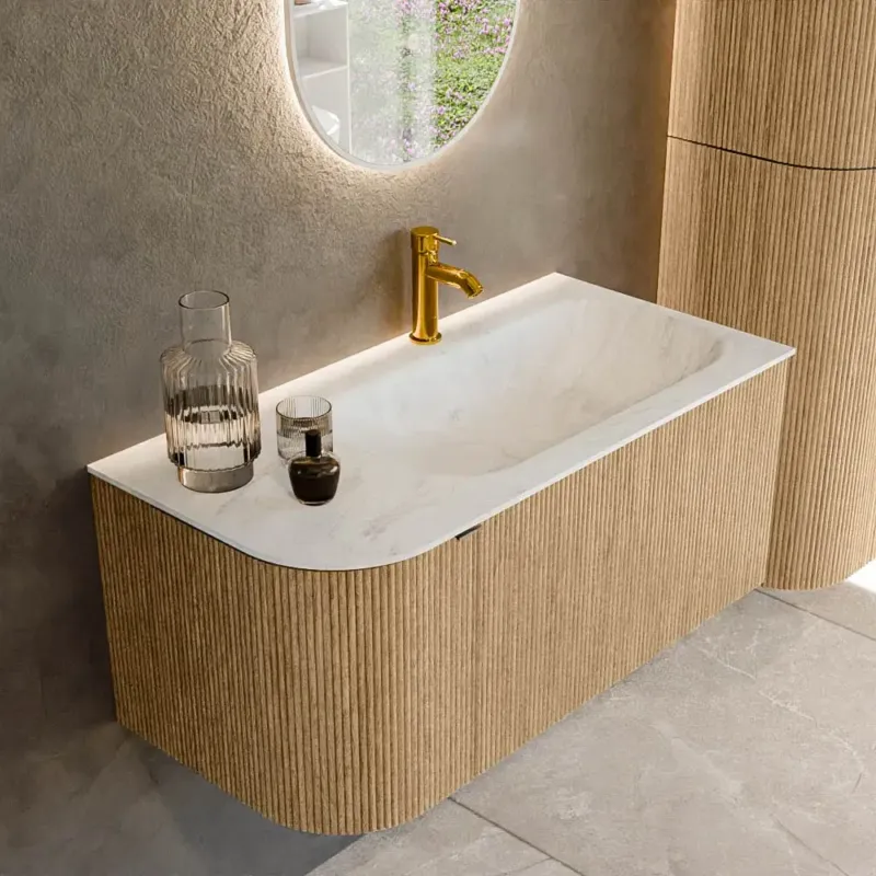 Aanbieding Mondiaz Kurve-dlux 95cm badmeubel ronding links oak met 1 lade en deur en wastafel big small kraangat rechts opalo