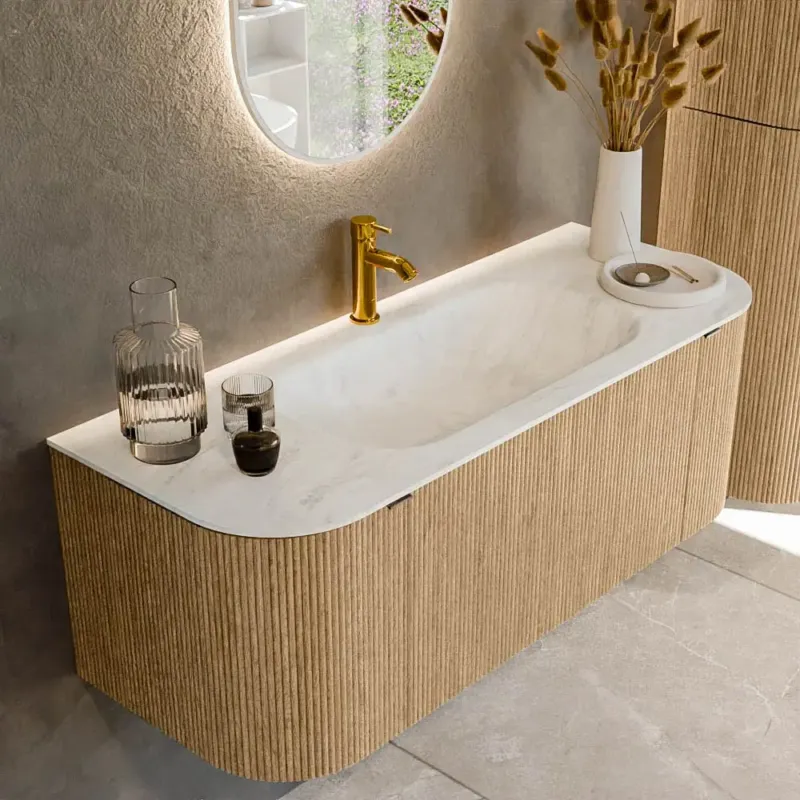 Gecertificeerd Mondiaz Kurve-dlux 120cm badmeubel ronding links/rechts oak met 1 lade en 2 deuren en wastafel big small midden 1 kraangat opalo