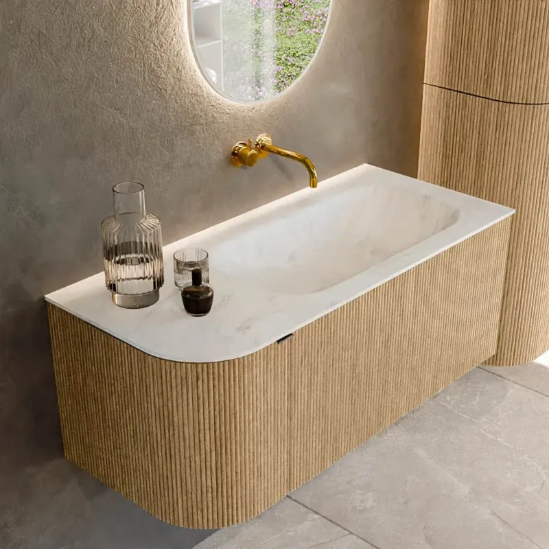 Mondiaz Kurve-dlux 105cm badmeubel ronding links oak met 1 lade en deur en wastafel big small rechts zonder kraangat opalo Populair