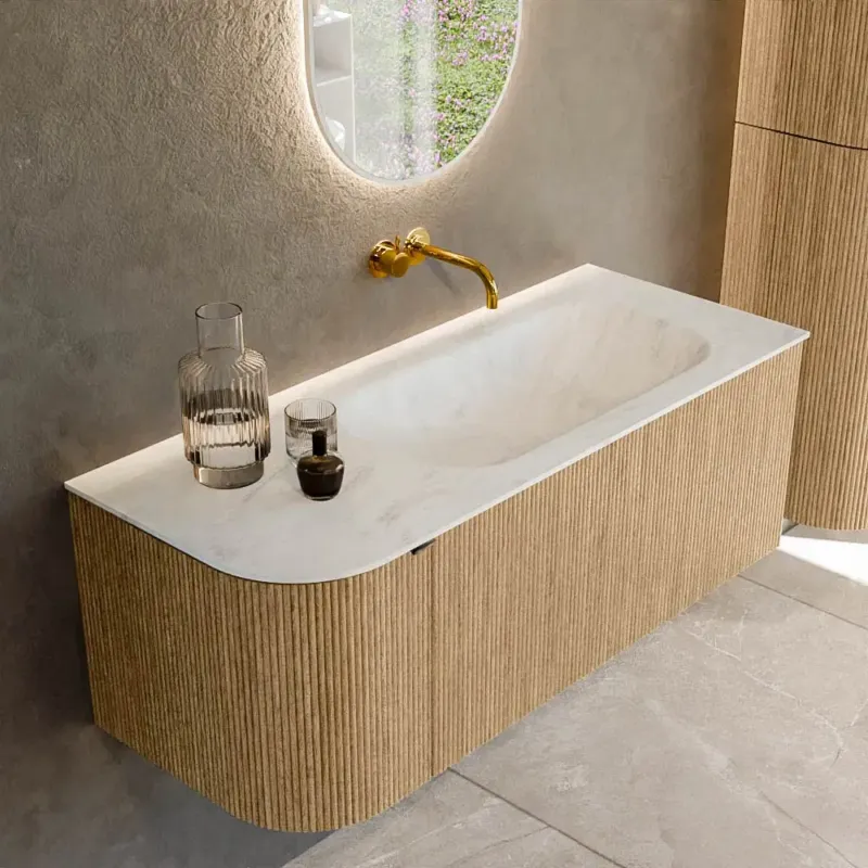 Mondiaz Kurve-dlux 115cm badmeubel ronding links oak met 1 lade en deur en wastafel big small rechts zonder kraangat opalo Weekendaanbieding