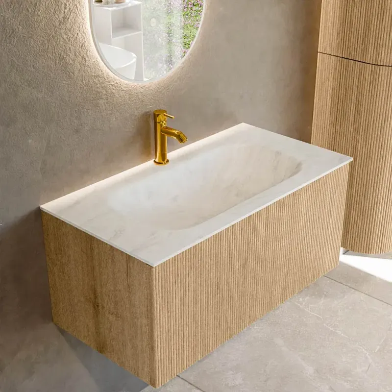 Betaalbaar Mondiaz Kurve-dlux 90cm badmeubel oak met 1 lade en wastafel big small midden 1 kraangat opalo