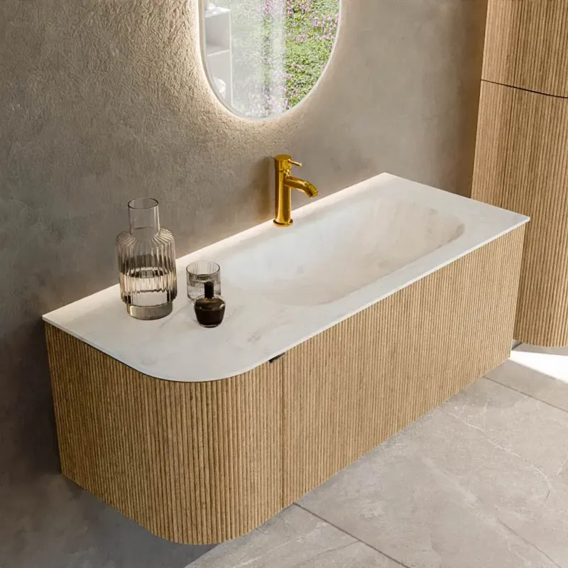 Mondiaz Kurve-dlux 115cm badmeubel ronding links oak met 1 lade en deur en wastafel big small kraangat rechts opalo Bestseller