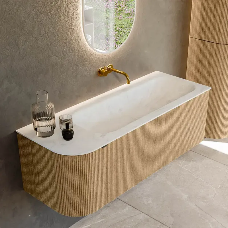 Betrouwbaar Mondiaz Kurve-dlux 125cm badmeubel ronding links oak met 1 lade en deur en wastafel big medium rechts zonder kraangat opalo
