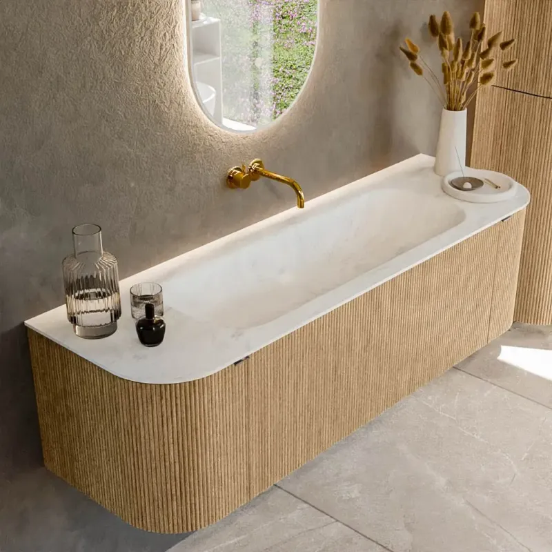 Koop Online Mondiaz Kurve-dlux 150cm badmeubel ronding links/rechts oak met 1 lade en 2 deuren en wastafel big medium midden zonder kraangat opalo