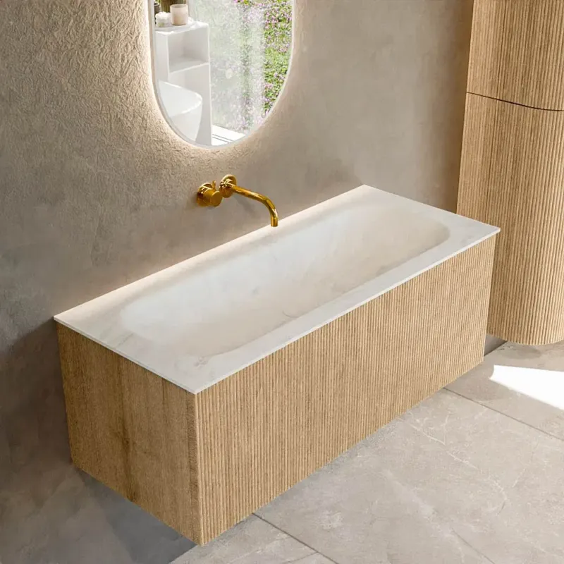 Beste Prijs Mondiaz Kurve-dlux 110cm badmeubel oak met 1 lade en wastafel big medium midden zonder kraangat opalo