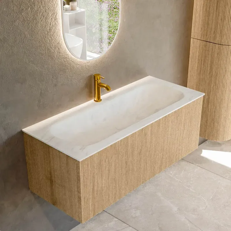 Mondiaz Kurve-dlux 110cm badmeubel oak met 1 lade en wastafel big medium midden 1 kraangat opalo Lage Prijs