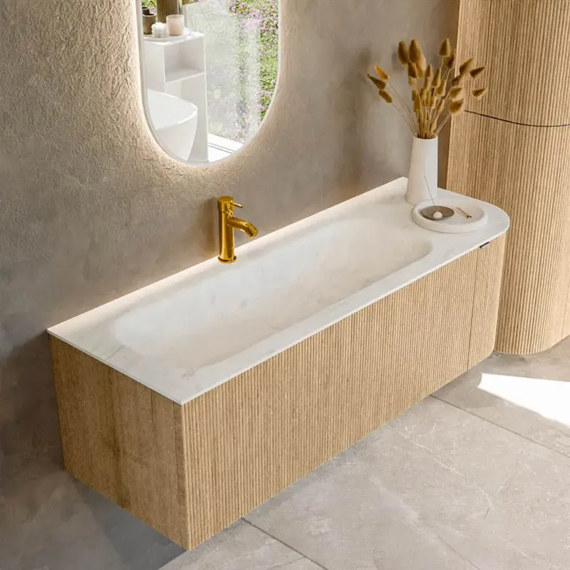 Actieprijs Mondiaz Kurve-dlux 135cm badmeubel ronding rechts oak met 1 lade en deur en wastafel big medium kraangat links opalo