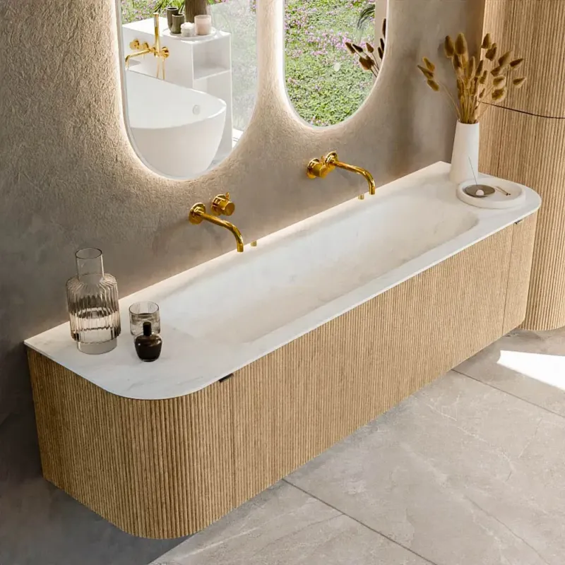 Express Levering Mondiaz Kurve-dlux 170cm badmeubel ronding links/rechts oak met 1 lade en 2 deuren en wastafel big large midden zonder kraangat opalo