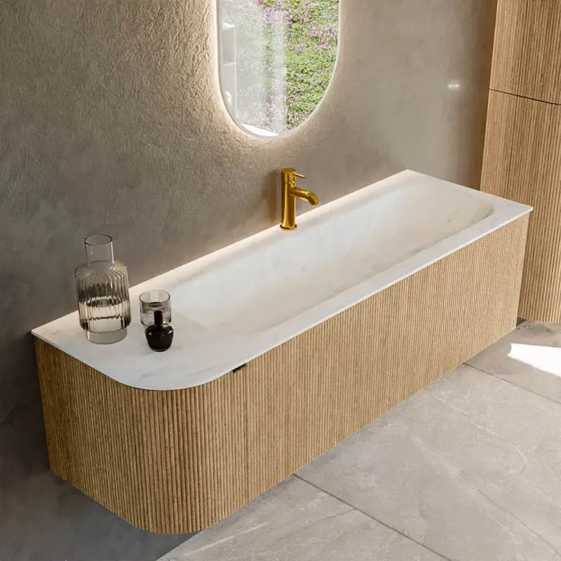 Mondiaz Kurve-dlux 145cm badmeubel ronding links oak met 1 lade en deur en wastafel big large kraangat rechts opalo Exclusieve Aanbieding