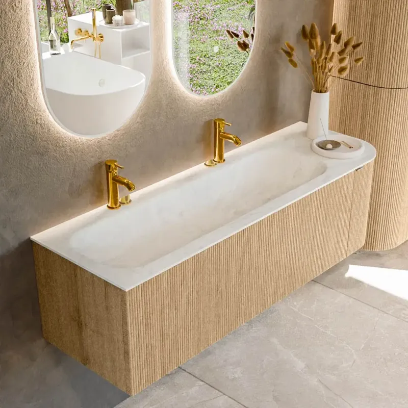 Mondiaz Kurve-dlux 145cm badmeubel ronding rechts oak met 1 lade en deur en wastafel big large links 2 kraangaten opalo Veilige Betaling