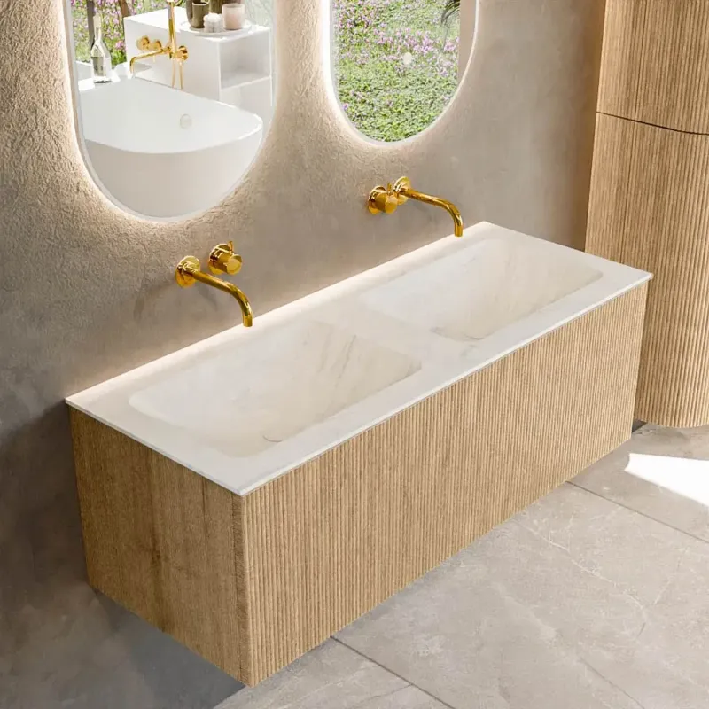 Direct Verzonden Mondiaz Kurve-dlux 120cm badmeubel oak met 1 lade en wastafel leaf dubbel zonder kraangat opalo