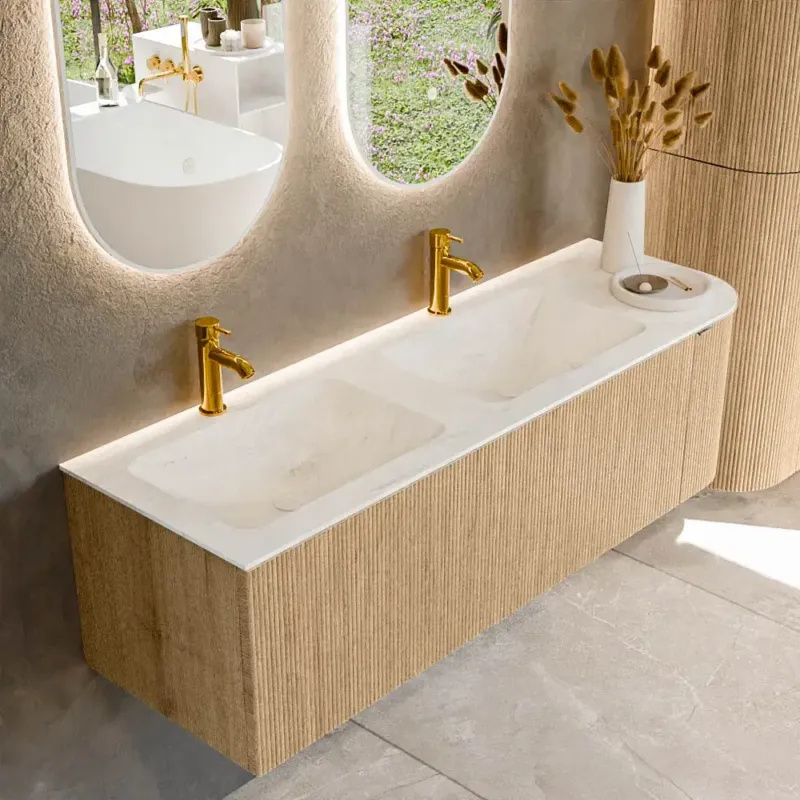 Mondiaz Kurve-dlux 145cm badmeubel ronding rechts oak met 1 lade en deur en wastafel leaf dubbel/links 2 kraangaten opalo Hete Deal