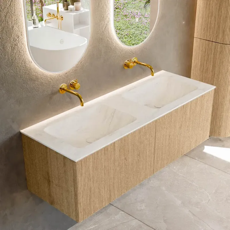 Uitverkoop Mondiaz Kurve-dlux 130cm badmeubel oak met 2 lades en wastafel leaf dubbel zonder kraangat opalo