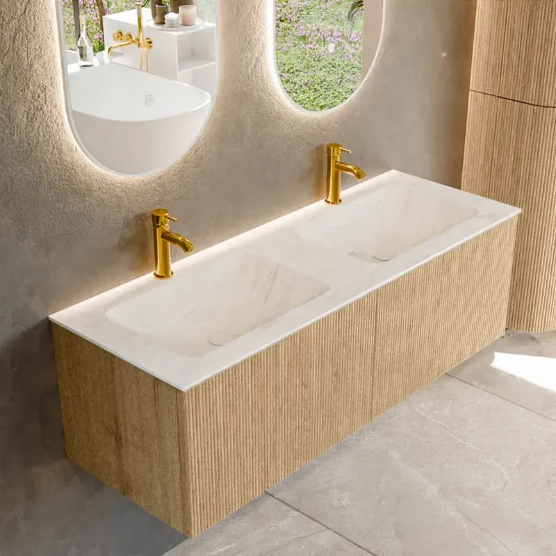 Betaalbaar Mondiaz Kurve-dlux 130cm badmeubel oak met 2 lades en wastafel leaf dubbel 2 kraangaten opalo