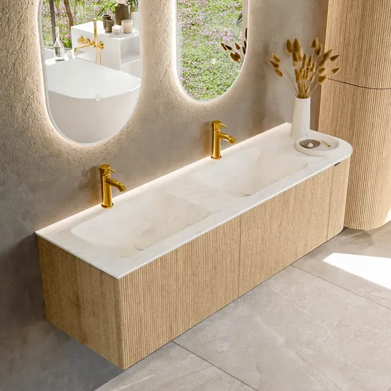 Bestseller Mondiaz Kurve-dlux 155cm badmeubel ronding rechts oak met 2 lades en 1 deur en wastafel leaf dubbel/links 2 kraangaten opalo