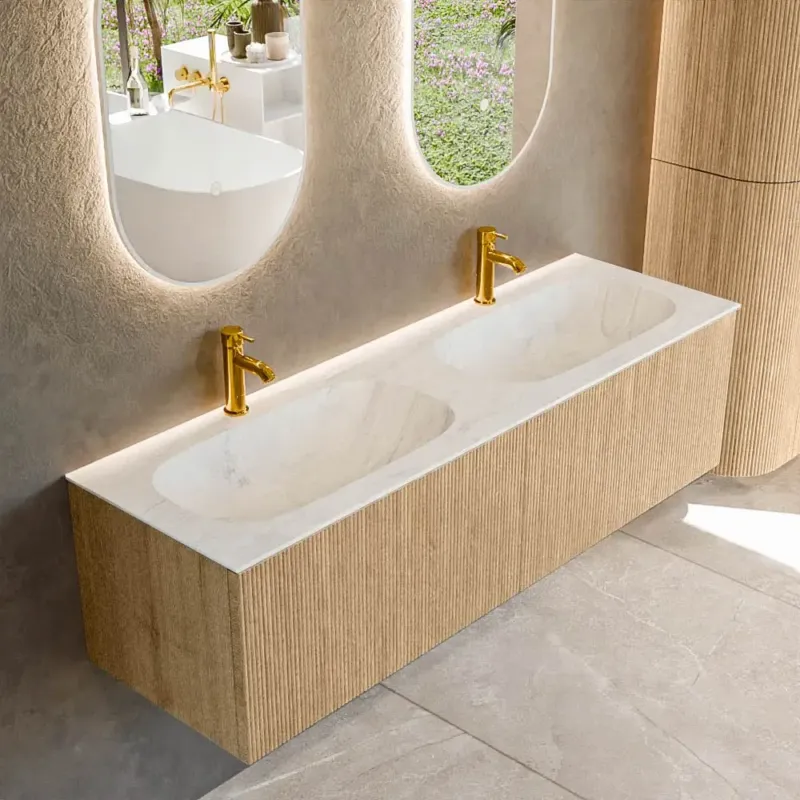 Beste Prijs Mondiaz Kurve-dlux 150cm badmeubel oak met 2 lades en wastafel stor small dubbel 2 kraangaten opalo