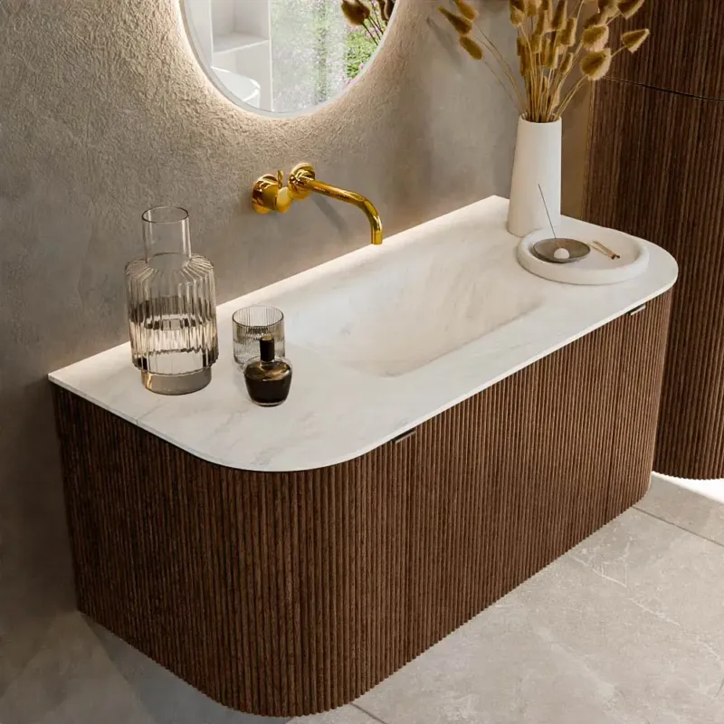 Mondiaz Kurve-dlux 100cm badmeubel ronding links/rechts walnut met 1 lade en 2 deuren en wastafel grunne midden zonder kraangat opalo Koop Vandaag
