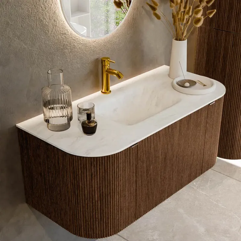 Mondiaz Kurve-dlux 100cm badmeubel ronding links/rechts walnut met 1 lade en 2 deuren en wastafel grunne midden 1 kraangat opalo Actieprijs