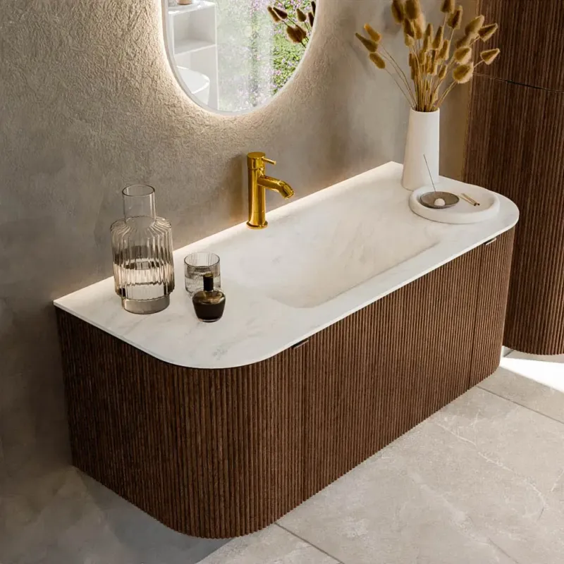 Lage Kosten Mondiaz Kurve-dlux 110cm badmeubel ronding links/rechts walnut met 1 lade en 2 deuren en wastafel cloud midden 1 kraangat opalo