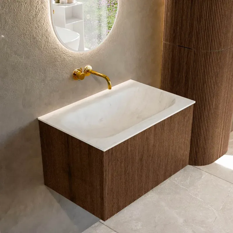 Direct Beschikbaar Mondiaz Kurve-dlux 70cm badmeubel walnut met 1 lade en wastafel big small midden zonder kraangat opalo