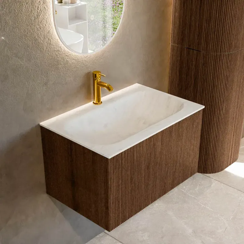Voordeelprijs Mondiaz Kurve-dlux 70cm badmeubel walnut met 1 lade en wastafel big small midden 1 kraangat opalo