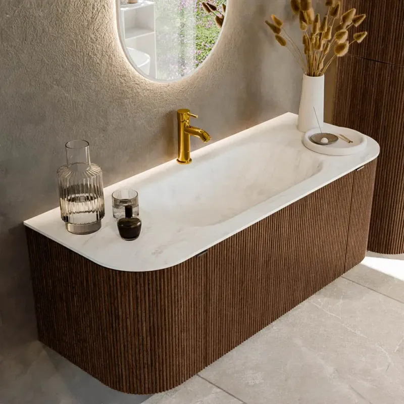 Voordeelprijs Mondiaz Kurve-dlux 120cm badmeubel ronding links/rechts walnut met 1 lade en 2 deuren en wastafel big small midden 1 kraangat opalo