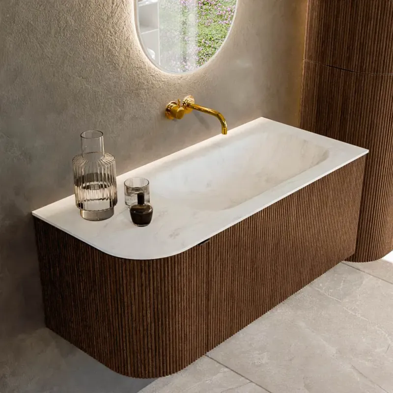 Meest Verkocht Mondiaz Kurve-dlux 105cm badmeubel ronding links walnut met 1 lade en deur en wastafel big small rechts zonder kraangat opalo