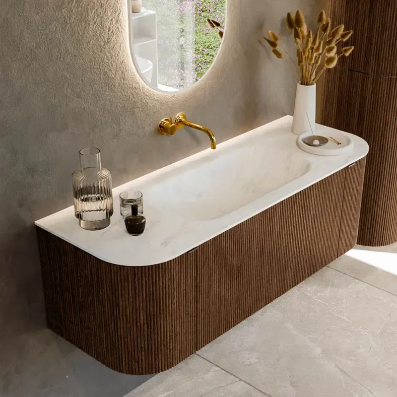 Dagaanbieding Mondiaz Kurve-dlux 130cm badmeubel ronding links/rechts walnut met 1 lade en 2 deuren en wastafel big small midden zonder kraangat opalo