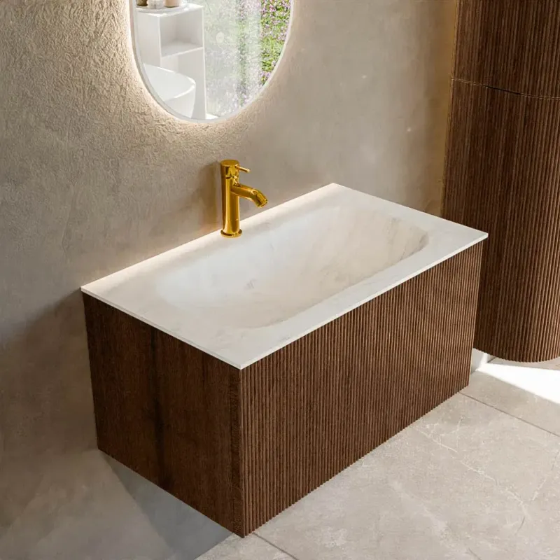 Gereduceerde Prijs Mondiaz Kurve-dlux 80cm badmeubel walnut met 1 lade en wastafel big small midden 1 kraangat opalo