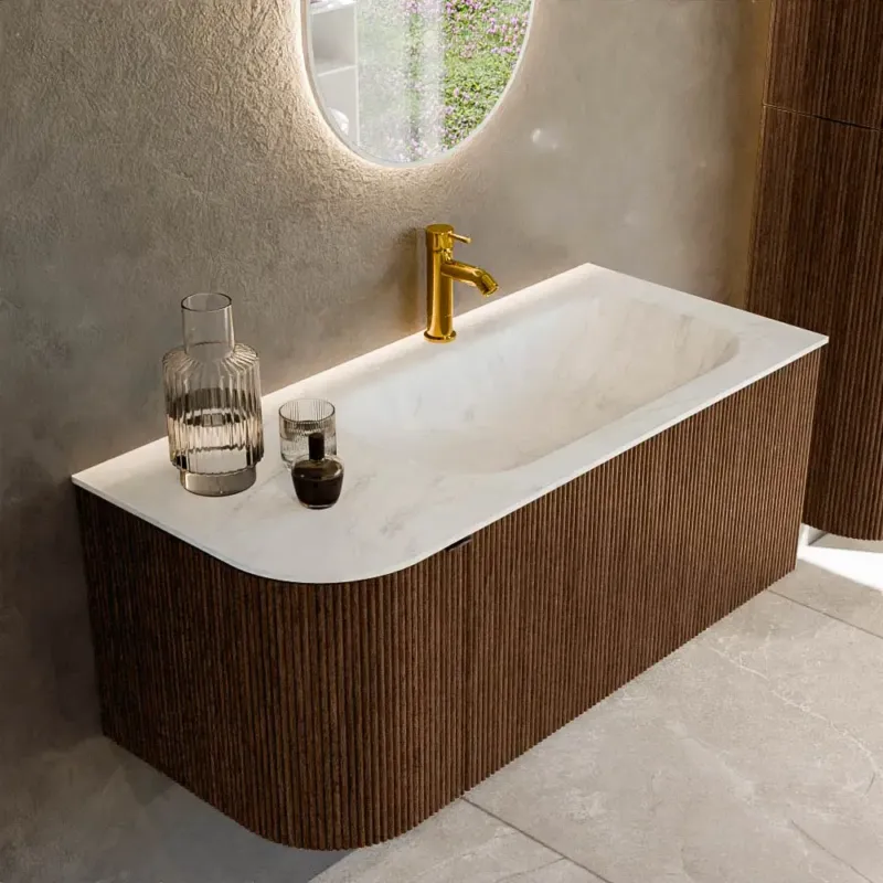 Mondiaz Kurve-dlux 105cm badmeubel ronding links walnut met 1 lade en deur en wastafel big small kraangat rechts opalo Bestseller