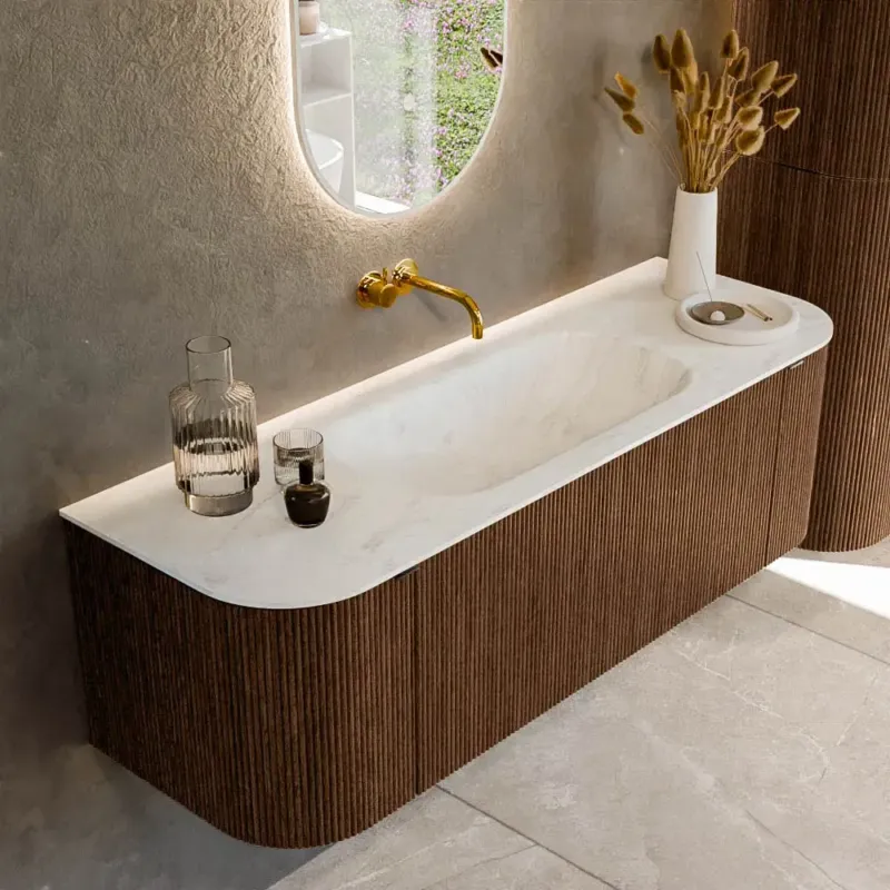 Betaalbaar Mondiaz Kurve-dlux 140cm badmeubel ronding links/rechts walnut met 1 lade en 2 deuren en wastafel big small midden zonder kraangat opalo