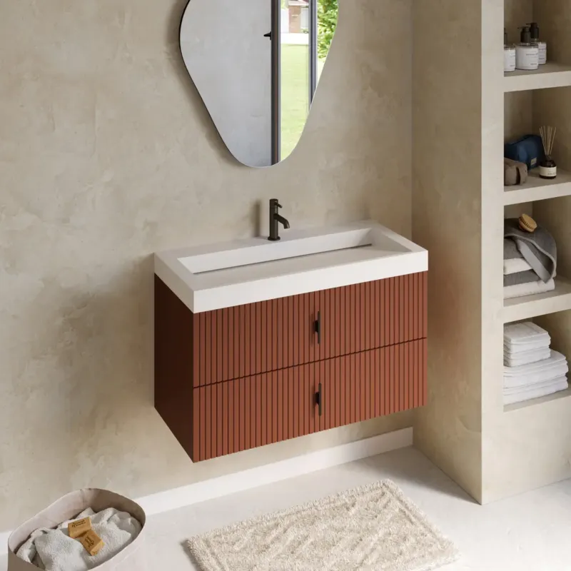 Nieuw Muebles Estella badmeubel ribbelfront 100cm terracotta met solid surface wastafel met kraangat