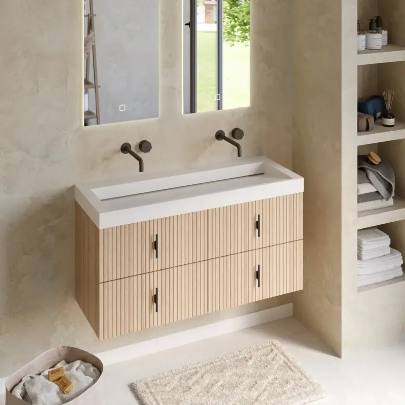 Shop Nu Muebles Estella badmeubel ribbelfront 120cm naturel eiken met solid surface wastafel zonder kraangaten