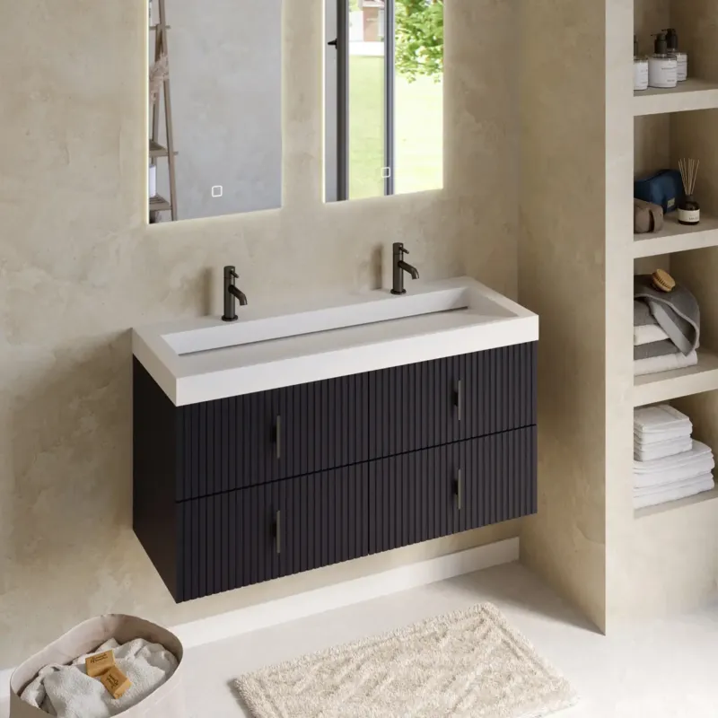 Rechtstreeks Van De Fabrikant Muebles Estella badmeubel ribbelfront 120cm antraciet mat met solid surface wastafel met kraangaten