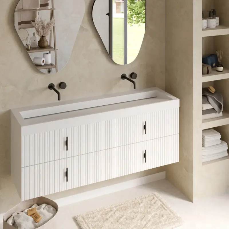 Snelle Levering Muebles Estella badmeubel ribbelfront 160cm wit mat met solid surface wastafel zonder kraangaten