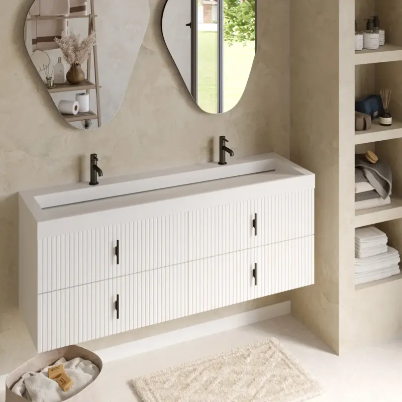 Tijdelijk Beschikbaar Muebles Estella badmeubel ribbelfront 160cm wit mat met solid surface wastafel met kraangaten