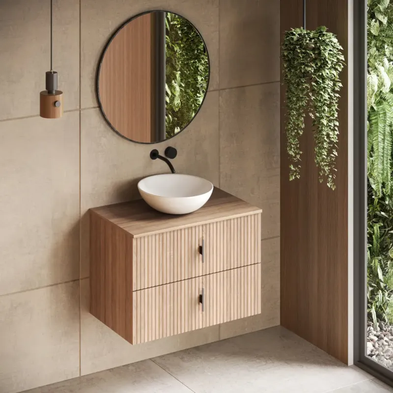 Tijdelijk Beschikbaar Muebles Mairi badmeubel ribbelfront 80cm naturel eiken met witte waskom